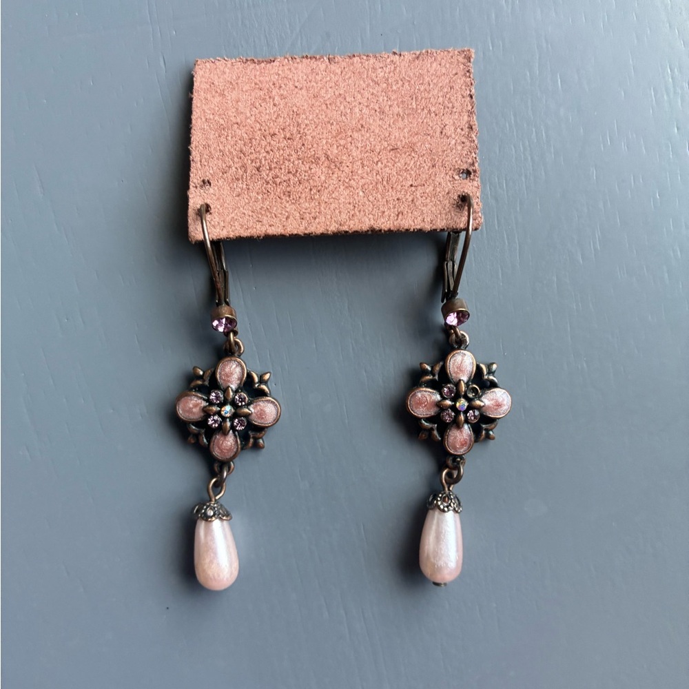 Elegant Floral Drop Earrings in Pink and Bronze